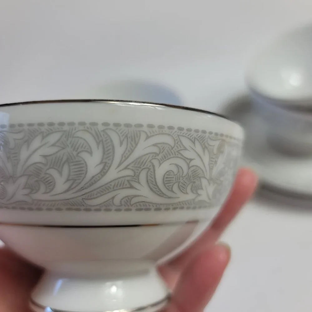 FOUR Imperial China Whitney Cup & Saucers White Gray Band Leaf Scrolls W. Dalton